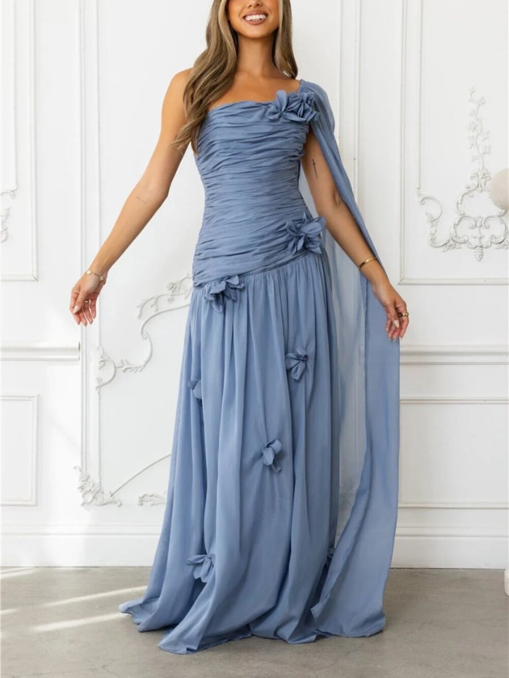 Hello Molly Silver Breeze One Shoulder Scarf Flower Maxi Dress Slate Dusty Blue